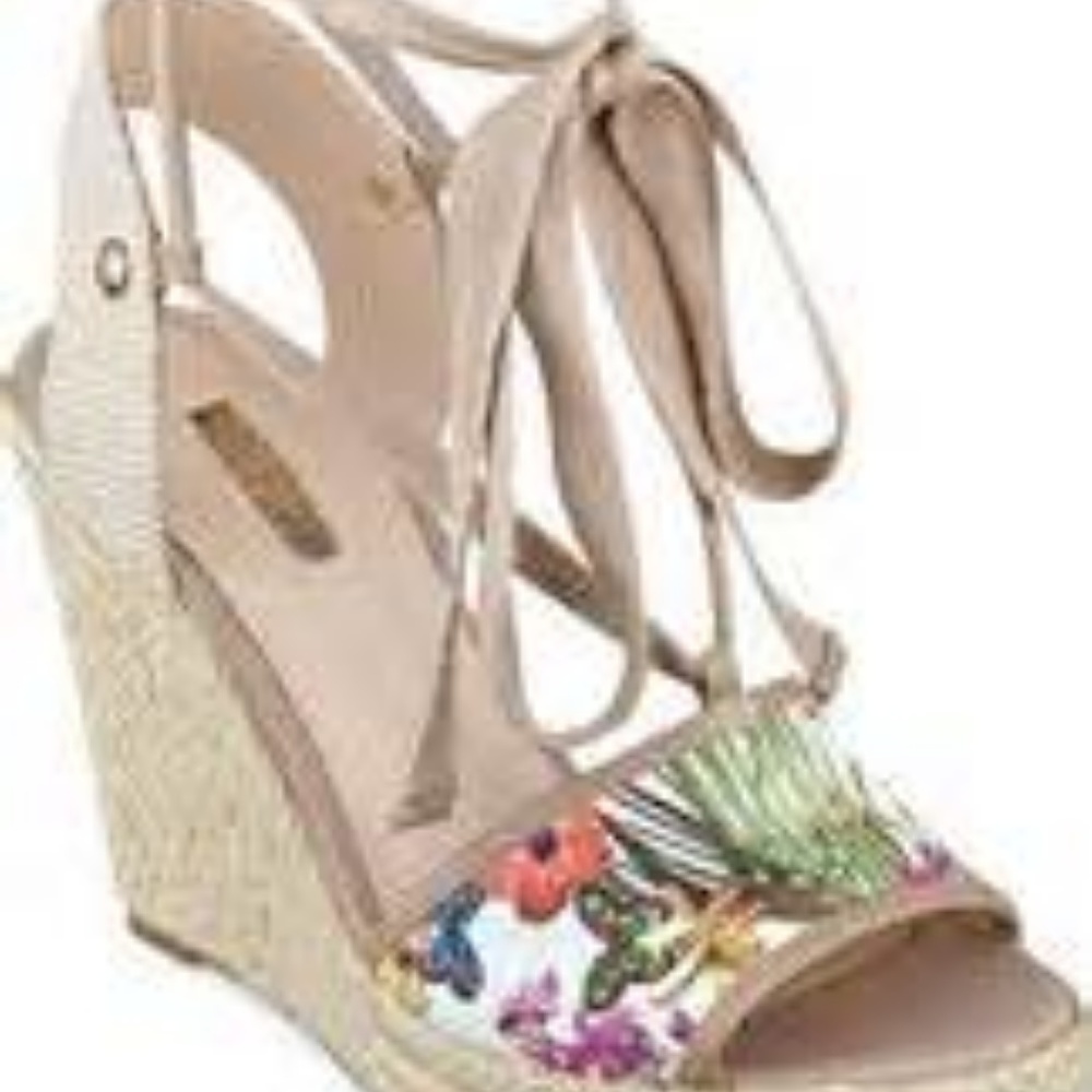 GUESS  EYLYNA2 WEDGE ESPADRILLE FLORAL ANKLE WRAP